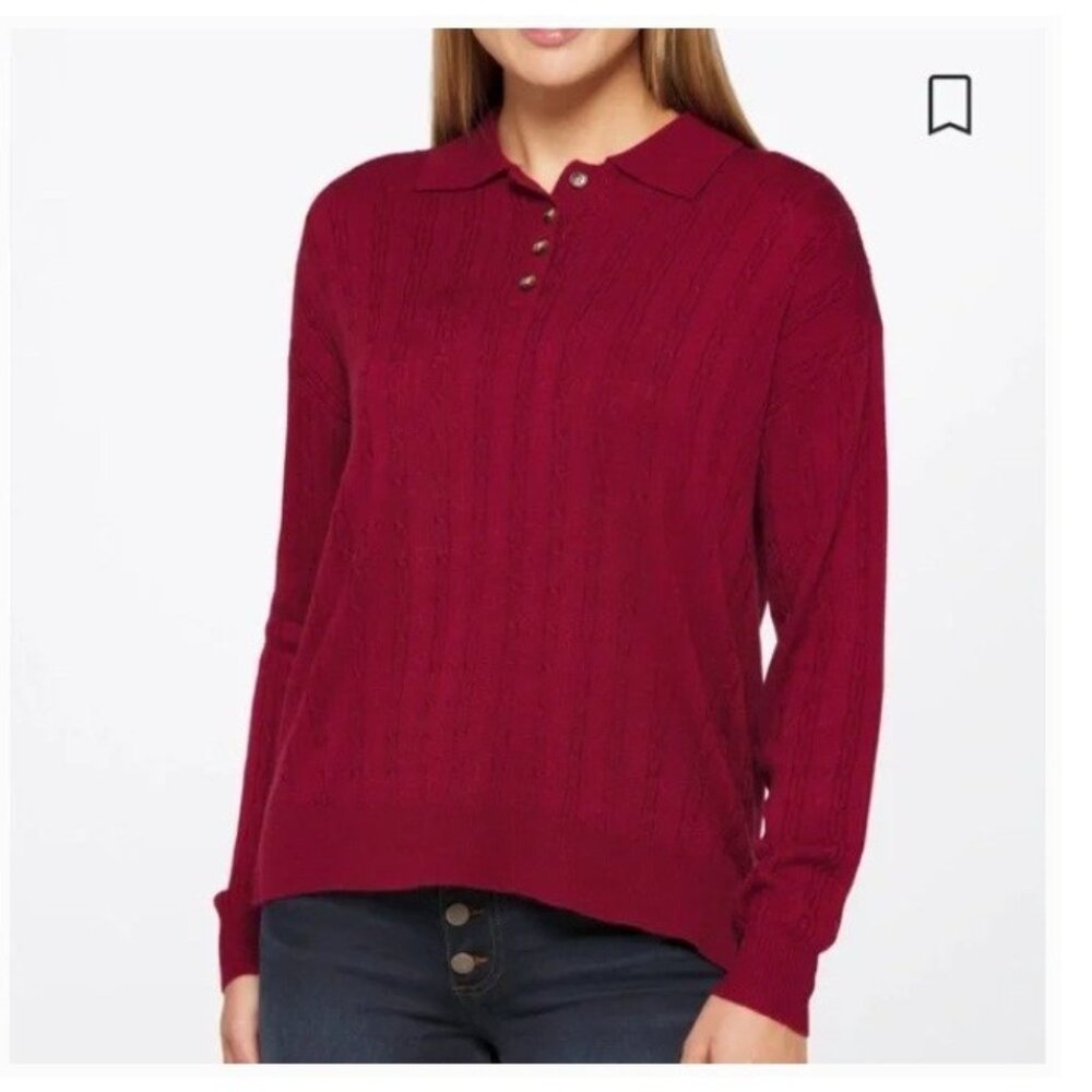 Violets & Roses Pullover Henley Sweater Tunic Top Large Dark Rumba Red Collared - Picture 9 of 10